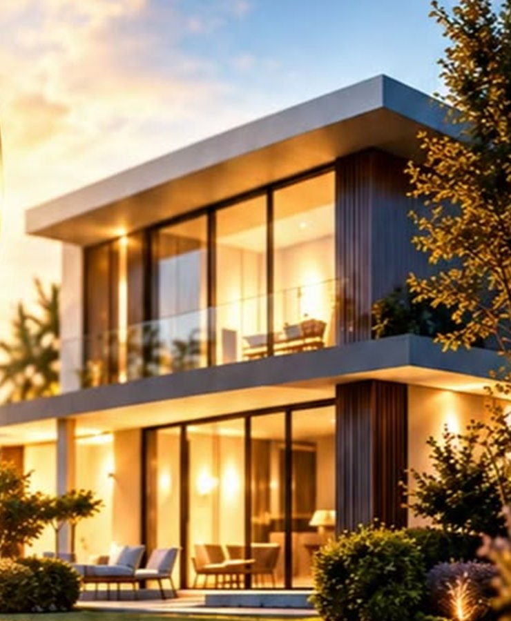 Maison moderne au coucher du soleil, projet immobilier financé par crédit hypothécaire